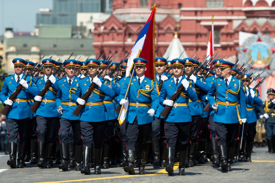 Serbian Army soldiers march in Red Square during the Victory Day military parade marking the 75th anniversary...