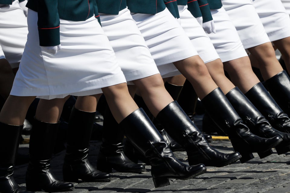 Russian solders march in Red Square during the Victory Day military parade marking the 75th anniversary...