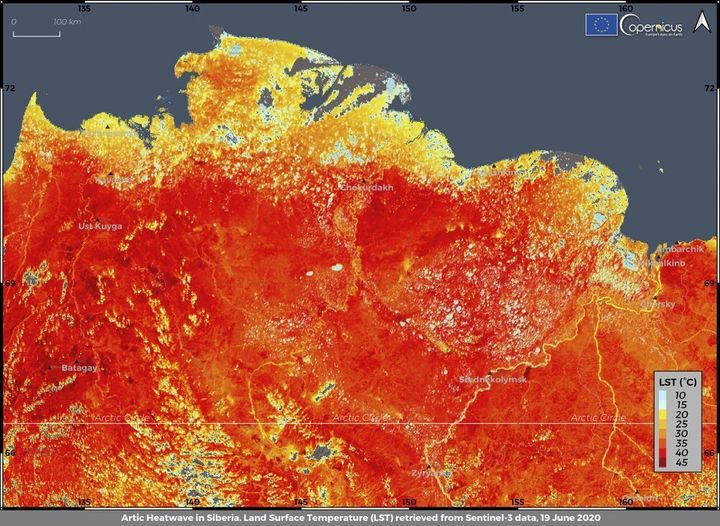 Αυτή η φωτογραφία που τραβήχτηκε την Παρασκευή 19 Ιουνίου 2020 από την Υπηρεσία Κλιματικής Αλλαγής ECMWF Copernicus δείχνει τη θερμοκρασία της επιφάνειας της γης στην περιοχή της Σιβηρίας. Μια θερμοκρασία-ρεκόρ 38 βαθμών Κελσίου καταγράφηκε στην πόλη της Αρκτικής, Βερκχογιάνσκ, το Σάββατο 20 Ιουνίου, σε ένα παρατεταμένο κύμα θερμότητας που έχει προκαλέσει ανησυχία στους επιστήμονες σε όλο τον κόσμο.