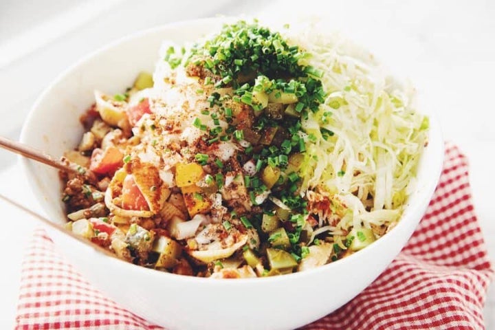 Vegan cheeseburger pasta salad.