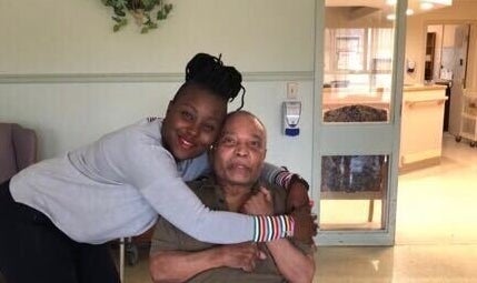 Raquel John-Matuzewiski poses with her father, Chester John, who caught COVID-19 at Orchard Villa long-term care home in Pickering, Ont.