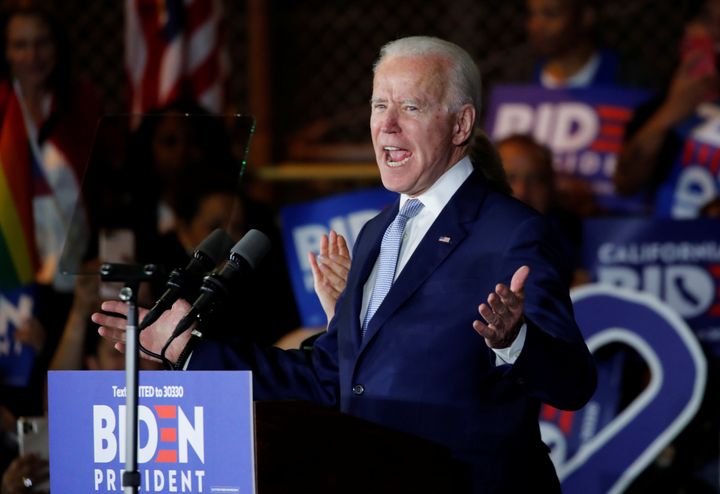 Democratic U.S. presidential candidate and former Vice President Joe Biden speaks at his Super Tuesday night rally in Los Angeles, California, U.S., March 3, 2020. REUTERS/Mike Blake TPX IMAGES OF THE DAY