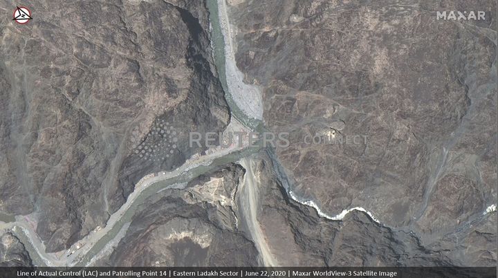 Maxar WorldView-3 satellite image shows area near the Line of Actual Control (LAC) and Patrolling Point 14 in the eastern Ladakh sector June 22, 2020.