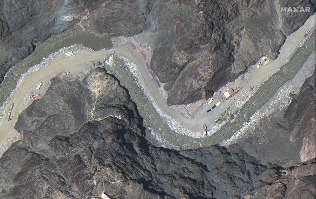 Maxar WorldView-3 satellite image shows close up view of road construction near the Line of Actual Control...