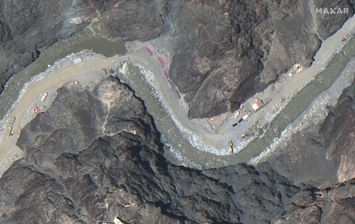 Maxar WorldView-3 satellite image shows close up view of road construction near the Line of Actual Control (LAC) border in the eastern Ladakh sector of Galwan Valley June 22, 2020. 
