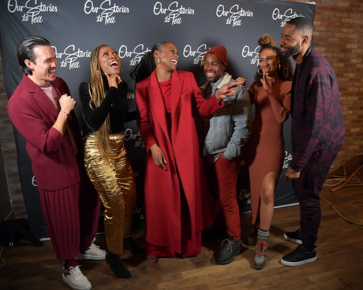 Alexander Hodge, Yvonne Orji, Issa Rae, Prentice Penny, Elaine Welteroth and Jay Ellis joke around at the Lowkey "Insecure" Dinner presented by Our Stories to Tell at Firewood on Jan. 25 in Park City, Utah.