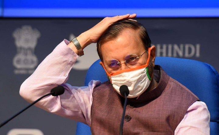 Minister of Environment, Forest and Climate Change Prakash Javadekar during a media briefing after a Cabinet Meeting, at National Media Center on June 1, 2020 in New Delhi.