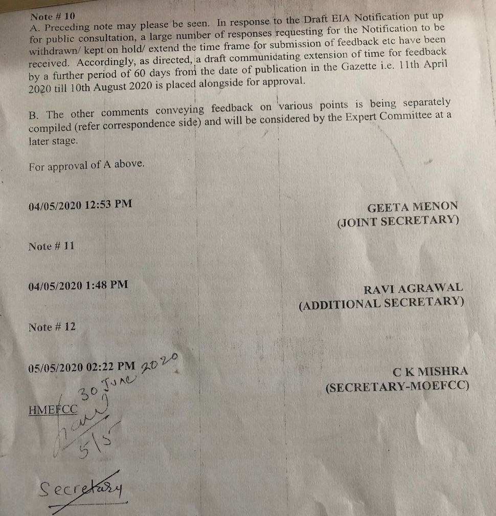 Copy of the document accessed by HuffPost India under the RTI Act. Hand written date 30 June 2020 above the words HMEFCC, short for Honourable Minister for Environment, Forests and Climate Change, shows Prakash Javadekar overruling officials who suggested 10 August 2020 as the date. 