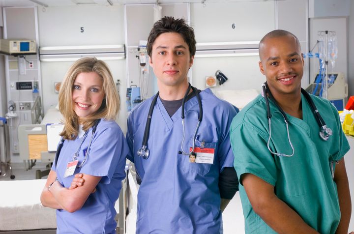 Sarah Chalke, Zach Braff and Donald Faison in the first season of "Scrubs."