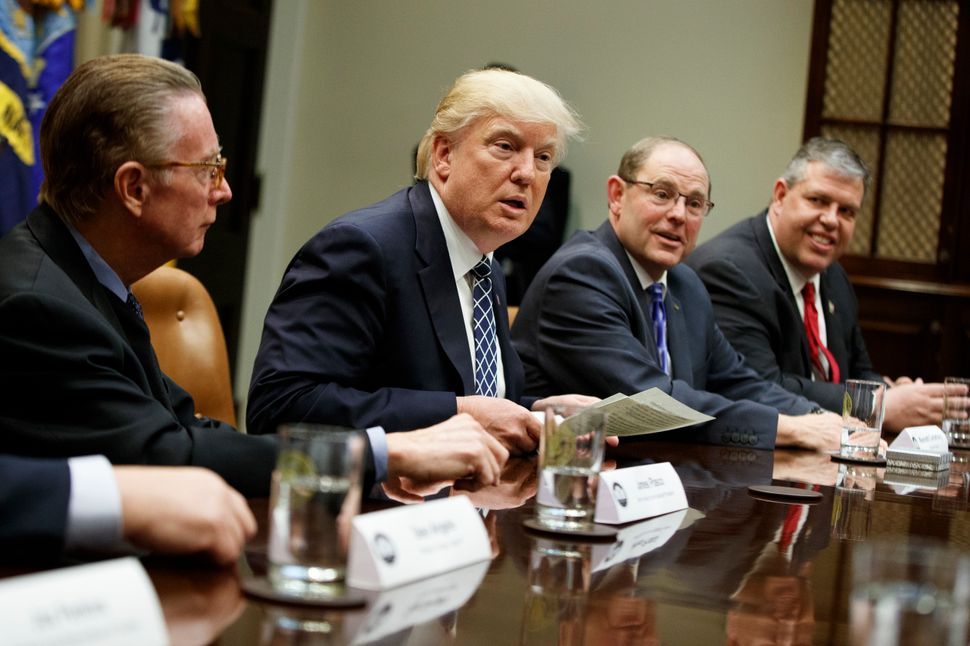 President Donald Trump with senior members of the Fraternal Order of Police in March, 2017.