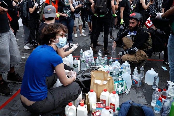 A makeshift aid station is stocked with agents to counter gas and pepper spray at the Barclays Center in Brooklyn, New York, on May 29 during a protest against police brutality and racial injustice.