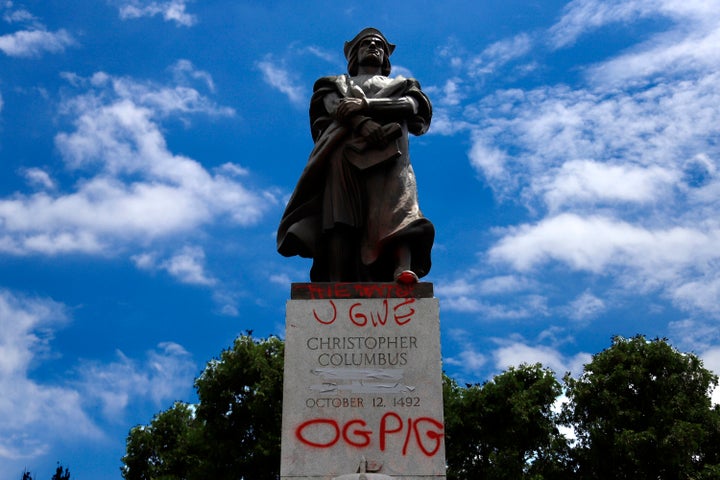 A vandalized statue Christopher Columbus in Schenley Park in the Oakland neighbourhood of Pittsburgh on June 23, 2020. 