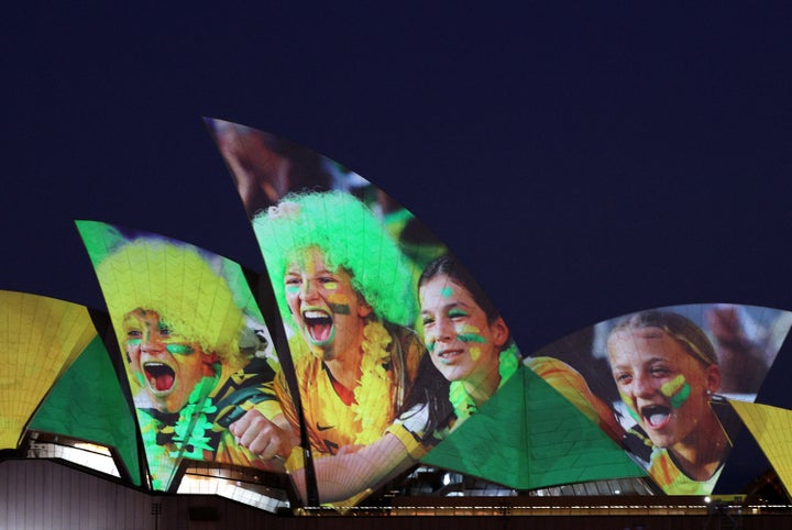 The Sydney Opera House lights up in celebration of Australia and New Zealand's joint bid to host the FIFA Women's World Cup 2023, in Sydney, Australia, June 25, 2020. REUTERS/Loren Elliott