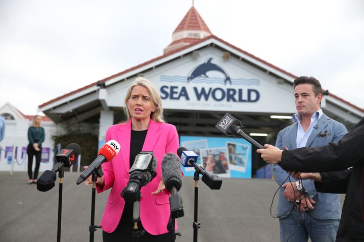 Village Roadshow Theme Parks CEO, Clark Kirby and Queensland Tourism Minister, Kate Jones speak to media outside Sea World on June 26, 2020 in Gold Coast, Australia. 