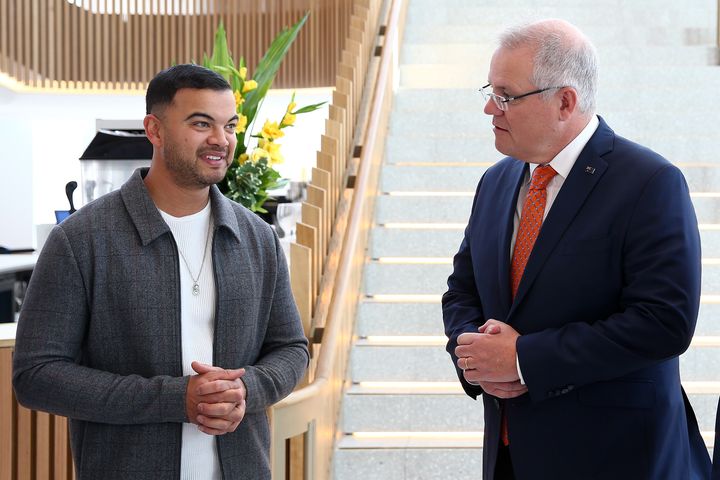 Singer Guy Sebastian and Prime Minister Scott Morrison speak during a tour of the Sydney Coliseum Theatre at West HQ on June 25, 2020 in Sydney, Australia. The federal government has announced a $250 million support package for the arts and cultural sectors to assist in economic recovery from the COVID-19 pandemic. The funding package includes $90 million in government-backed concessional loans to fund new productions and a $75m grant program that will provide capital to help Australian production and events businesses put on new festivals, concerts, tours and other events as social distancing restrictions ease.