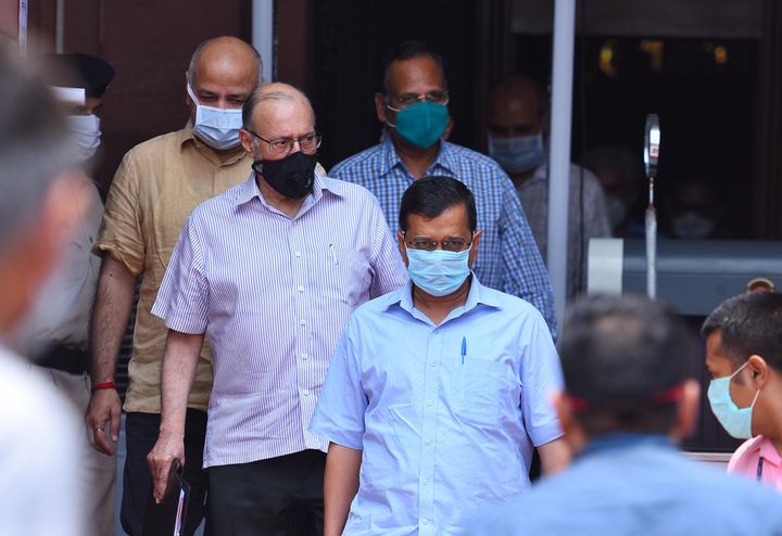 Delhi CM Arvind Kejriwal, Lt Governor Anil Baijal, Deputy CM Manish Sisodia and Health Minister Satyendar Jain after attending a meeting with Union Home Minister Amit Shah in Delhi on June 14, 2020. 