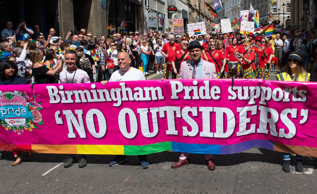 Andrew Moffat, LGBT+ Muslim campaigners Saima Razzaq and Khakan Qureshi and Birmingham Pride director Lawrence Barton lead the parade that kickstarted Birmingham Pride 2019