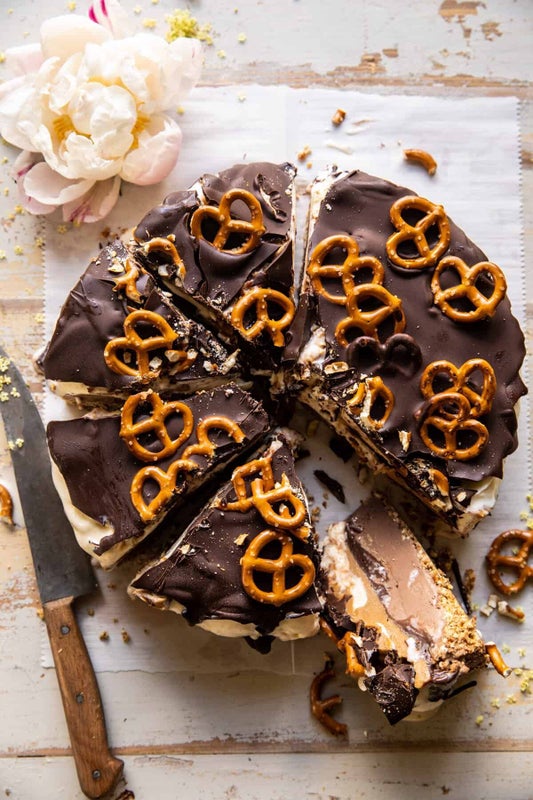 Fudgy Chocolate Peanut Butter Ice Cream Pretzel Cake from Half Baked Harvest