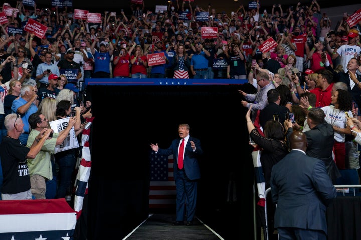 President Donald Trump arrives at a campaign rally at the BOK Center in Tulsa, Oklahoma, on June 20.