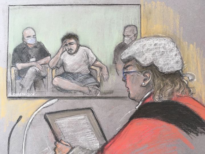 Court artist sketch by Elizabeth Cook of Jonty Bravery, 18, being sentenced by Justice McGowan on Friday. 