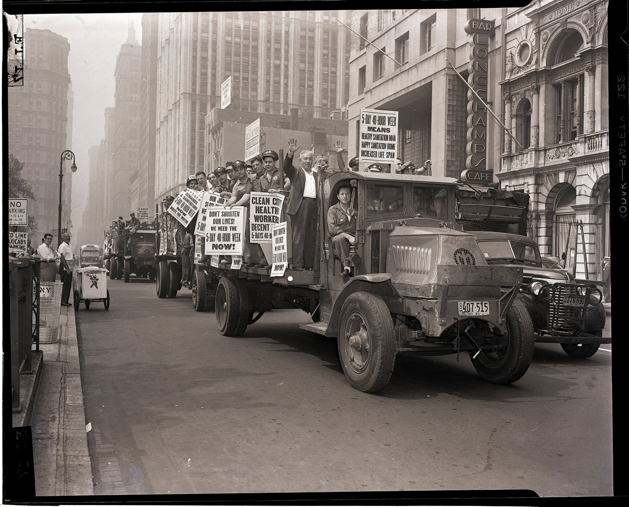 Sanitation workers demonstrate for a five-day, 40-hour workweek in New York in 1952.