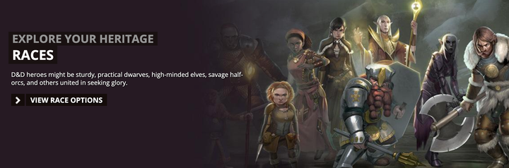 The D&D website invites players to "explore your heritage" and choose a race.