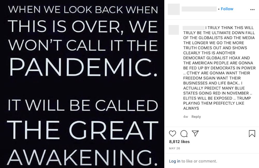 A 265,000-follower QAnon decoder Instagram account suggests the COVID-19 pandemic is a "great awakening" — a common QAnon reference to people "waking up" to the movement.