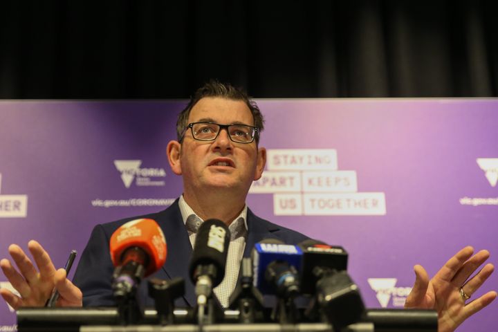 MELBOURNE, AUSTRALIA - JUNE 28: Premier of Victoria Daniel Andrews reacts during a press conference on June 28, 2020 in Melbourne, Australia. Victoria's confirmed COVID-19 infection numbers continue to rise, with 49 new coronavirus cases recorded overnight. Health authorities are continuing on a testing blitz in Melbourne suburbs that have been identified as community transmission hotspots for coronavirus. Restrictions in Victoria have been tightened in response to the spike in new cases across the state with premier Daniel Andrews extending the current state of emergency for at least four weeks to allow police the power to enforce social distancing rules. (Photo by Asanka Ratnayake/Getty Images)