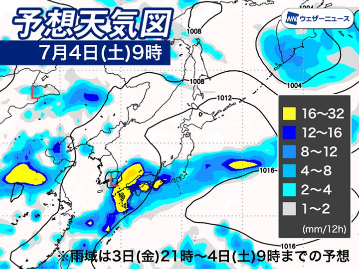  天気図と3日(金)21時～4日(土)9時までの雨量の予想