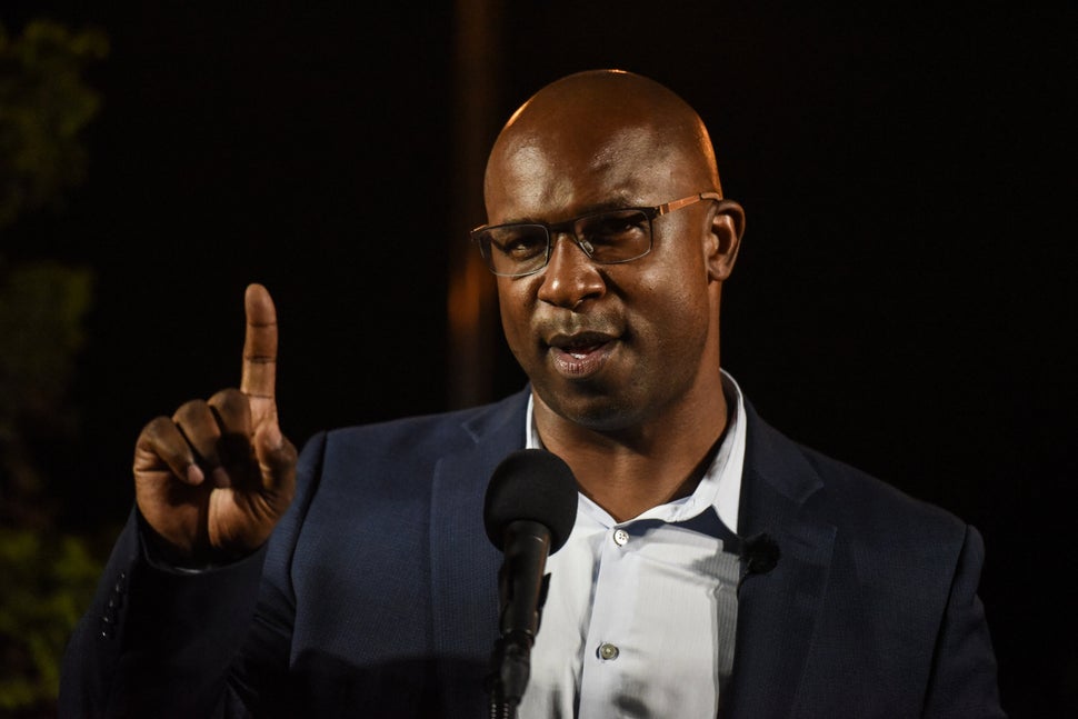 Jamaal Bowman addresses supporters on election night in Yonkers, New York, last Tuesday. He received the endorsement of The J
