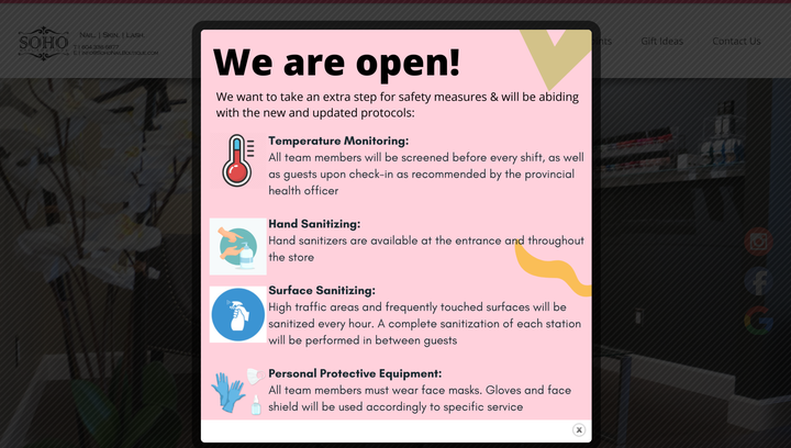 Soho Beauty Boutique's front page has a pop-up with information about screening and cleaning protocol. 