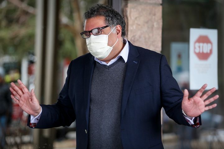 Calgary Mayor Naheed Nenshi pictured wearing a mask at a senior's home in Calgary on April 14, 2020.