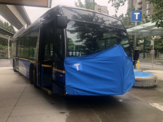 A TransLink bus wearing a giant face mask has been used to promote safe mask wearing on transit in Metro Vancouver.