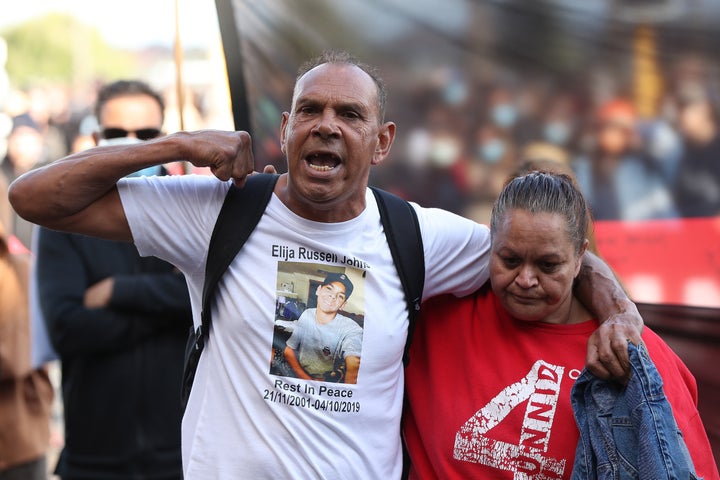 Protesters participate in a Black Lives Matter rally at Langley Park on June 13, 2020, in Perth. The event was organised in solidarity with protests in the United States and to rally against Aboriginal deaths in custody in Australia. 