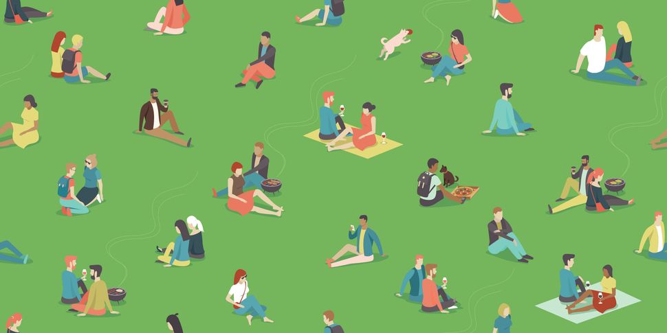 People relaxing on the grass field in the city park. BBQ area. Social distancing during coronavirus COVID-19 quarantine. Flat vector seamless pattern