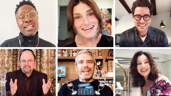 Clockwise, from top left: Billy Porter, Idina Menzel, Dan Levy, Fran Drescher, Andy Cohen and Jason Alexander on "Saturday Night Seder."