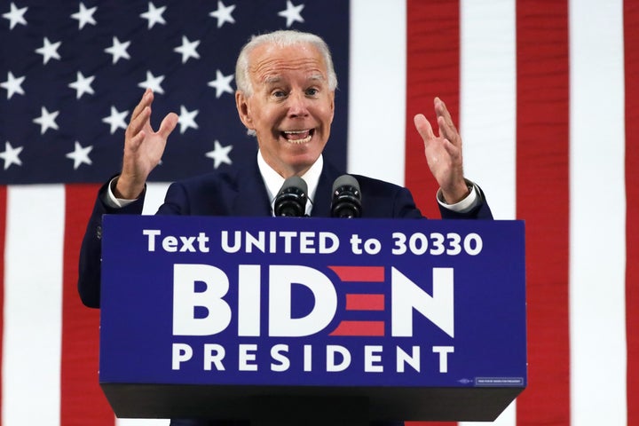 Democratic presidential candidate Joe Biden speaks during a campaign event Tuesday at Alexis I. Dupont High School in Wilmington, Delaware. 