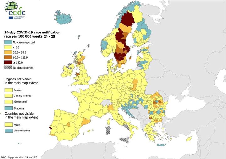 Confirmed cases per 100,000 inhabitants in the two weeks to June 24. In red, the areas where there are more than 120 infections per 100,000 inhabitants