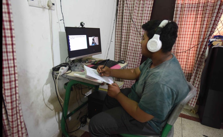 A student attends an online class during the lockdown on April 3, 2020 in New Delhi.