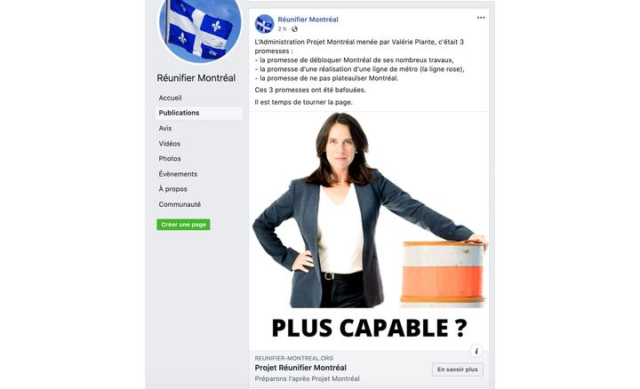 Dans une publication qui n'est maintenant plus disponible sur sa page Facebook, Réunifier Montréal accusait la mairesse de Montréal, Valérie Plante, d'avoir brisé plusieurs promesses.