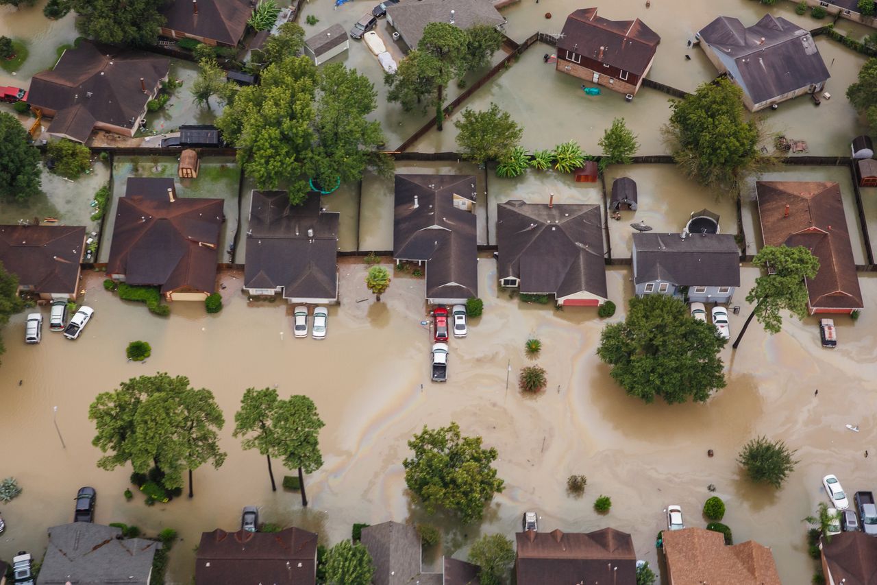 Residential neighborhoods in Houston near Interstate 10 sit in floodwater in the wake of Hurricane Harvey on Aug. 29, 2017.