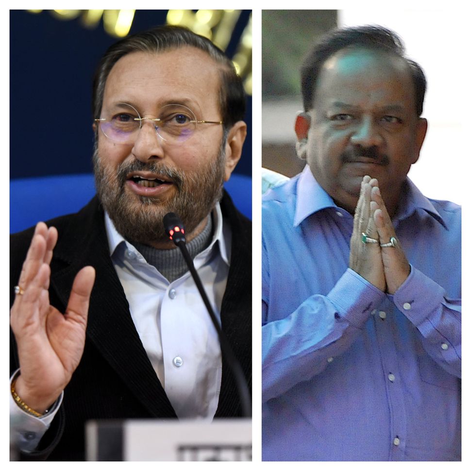 (Left) Minister for Environment, Forests and Climate Change Prakash Javadekar and (Right) current minister for Health and Family Welfare Dr Harshvardhan, who was the union environment minister from May 2017 to May 2019.