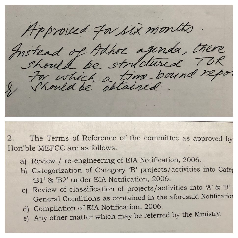 (Above) Dr Harshvardhan, the then union environment minister, asking officials to prepare "structured ToR" (Terms of Reference) for the Dr SR Wate committee on 11 April 2018. (Below) An example of the specific Terms of Reference assigned to the Dr S R Wate committee at the direction of Harshvardhan.