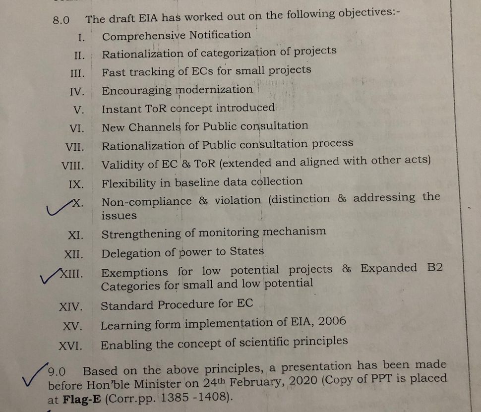 Internal note of the environment ministry written by Scientist 'F' Sharath Pallerla on 6 March 2020. This clearly shows that the mandate or 'objectives' for reviewing the 2006 EIA Notification were altered substantially since Dr Harshvardhan initiated the exercise. A presentation based on these objectives was given to present environment minister Prakash Javadekar on 24 February 2020.