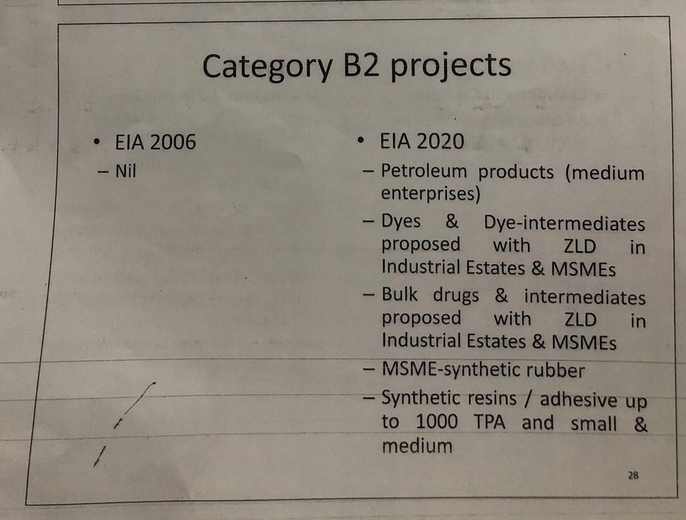 Part of a powerpoint presentation given by officials to environment minister Prakash Javadekar on 24 February 2020. This page shows basic details about the projects and activities which have been added to the B2 category in the draft Environment Impact Assessment notification 2020.