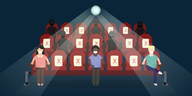 Vector illustration of customers watching a film in movie theatre with new normal social distancing procedures