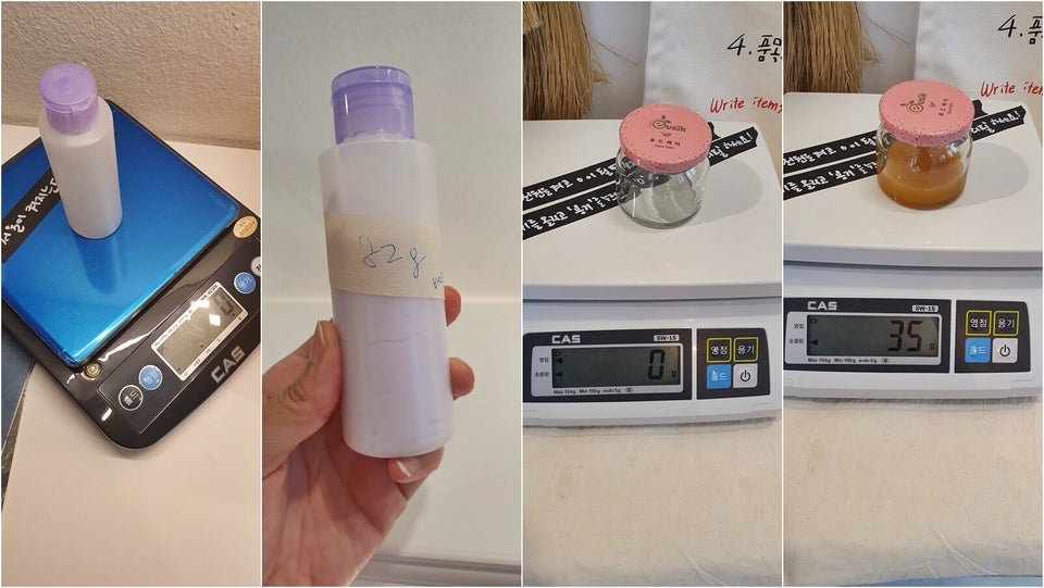 용기를 저울에 올린 후 0점을 맞춘 후, 제품을 담아와 무게를 쟀다. 왼쪽은 바디로션, 오른쪽은 발사믹