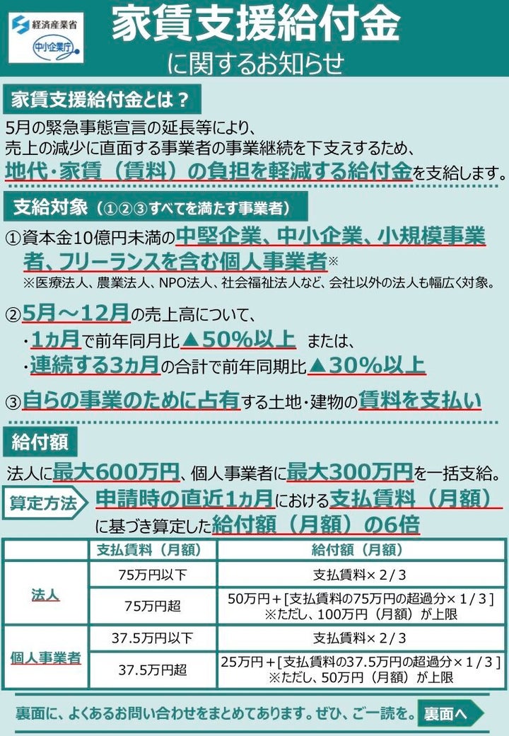 家賃支援給付金のお知らせ（表面）