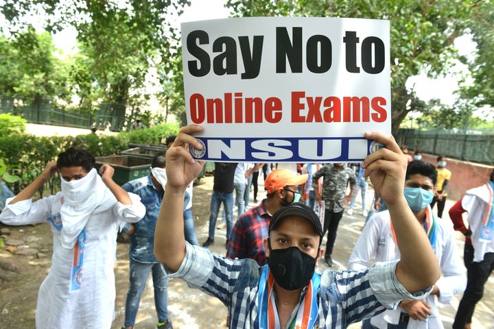 NSUI members protest for cancellation of University exams and promotion of all students in New Delhi.