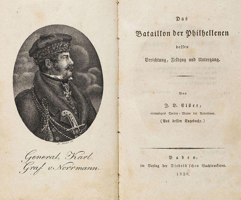Ο J.D. Elster, εξιστορεί στο βιβλίο του Das Bataillon der Philhellenen, 1828, το ιστορικό της εκστρατείας των Φιλελλήνων στην Ελλάδα και την μάχη του Πέτα (Συλλογή ΕΕΦ).